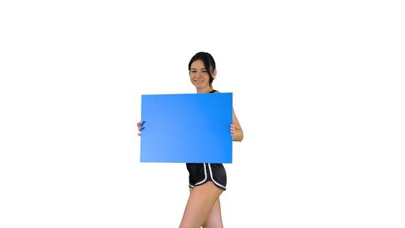 Ring girl holding empty board announcing new round on white alt
