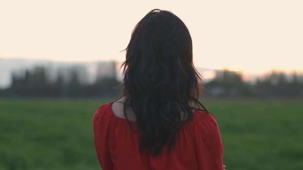 Portrait of a Beautiful Spanish Brunette Woman in a Red Dress at Sunset in a Wheat Field at Day alt