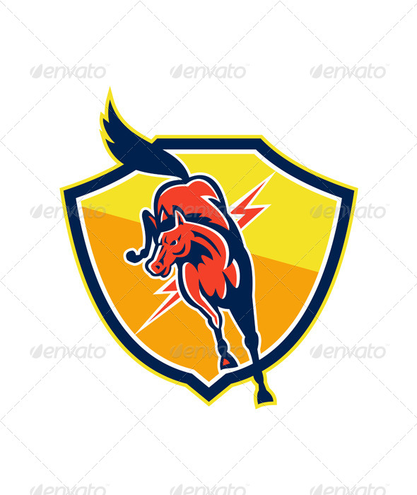 Red Horse Jump Lightning Bolt Shield Retro - Animals Characters