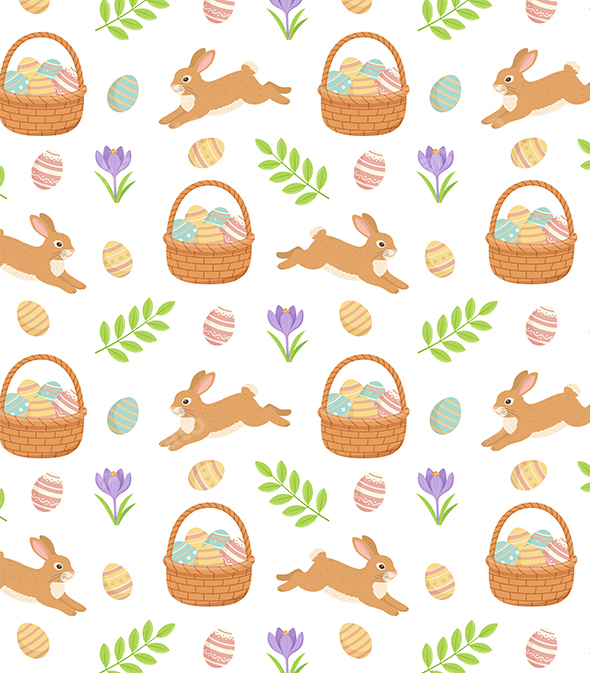 Easter Seamless Pattern with Easter Basket and Rabbit