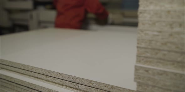 Worker with Boards in a Factory. The Young Master Folds the Board. Dvp Production alt