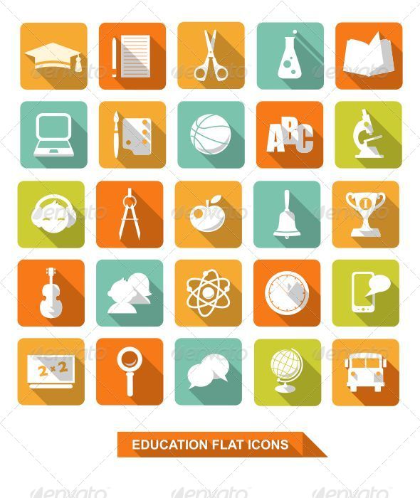 Flat Education Icons with Shadow - Objects Icons