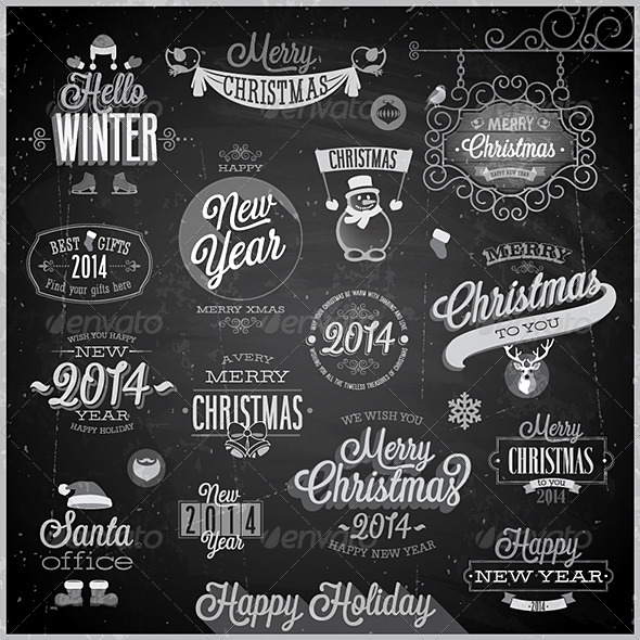 Christmas Set of Labels and Emblems on Chalkboard - Christmas Seasons/Holidays