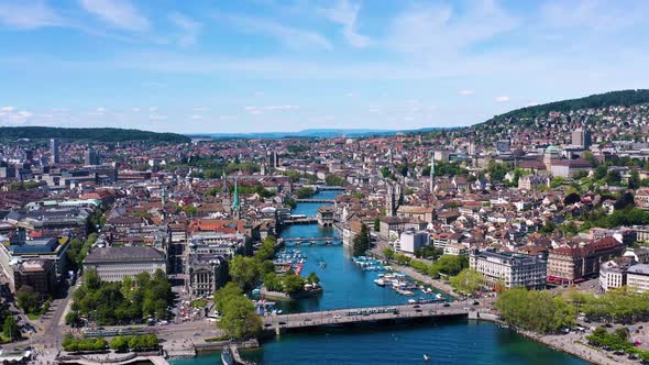 4k drone Aerial view of Zurich  city waterfront in Switzerland