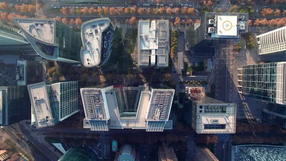 Overhead view truck right of business buildings in the Las Condes district, Santiago, Chile alt