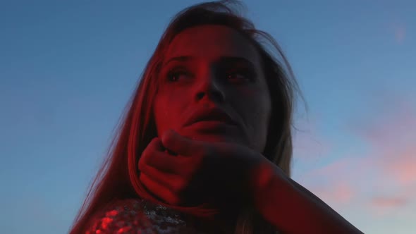 Sad Lonely Woman Admiring Evening Sky at Building Balcony, Conflict, Break-Up