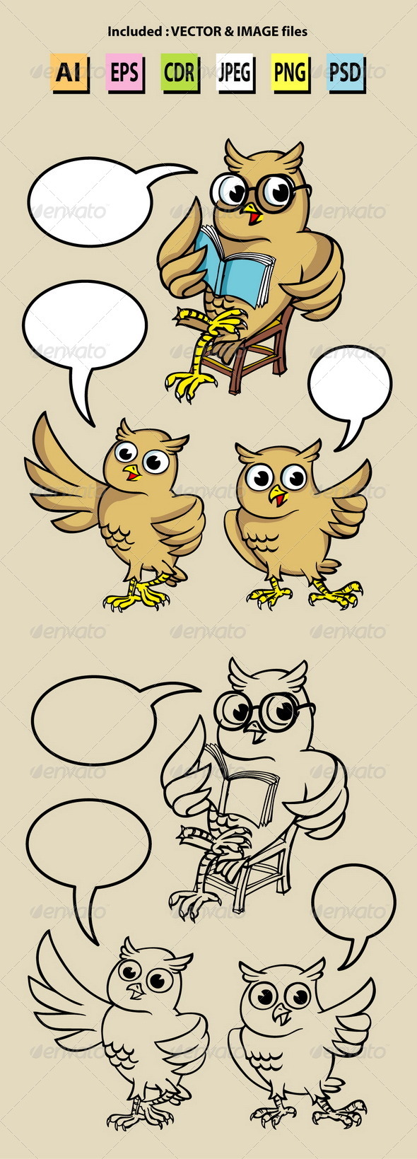 Owl Cartoon Character Vectors - Animals Characters