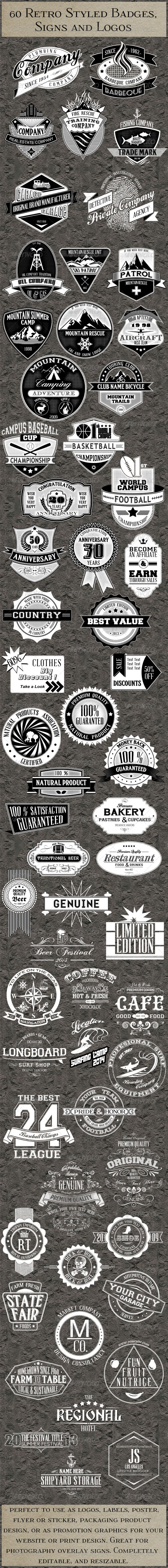 60 Retro Badges Logos Insignias - Badges & Stickers Web Elements