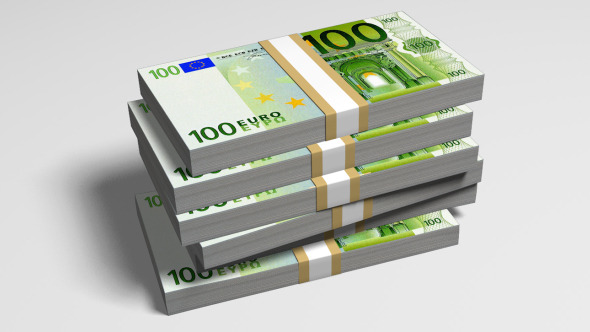 100 Euro Bills Falling On A Stack (FullHD+Alpha) 