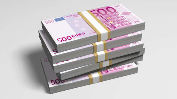 500 Euro Bills Falling On A Stack (FullHD+Alpha)