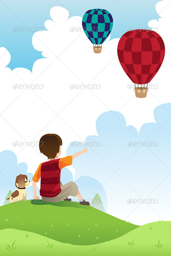 Boy and Dog Watching Balloons - People Characters