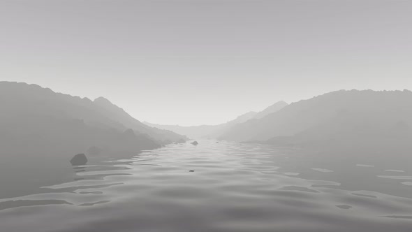 Foggy Morning 3D Rendered Terrain Landscape with Looping Calm Water
