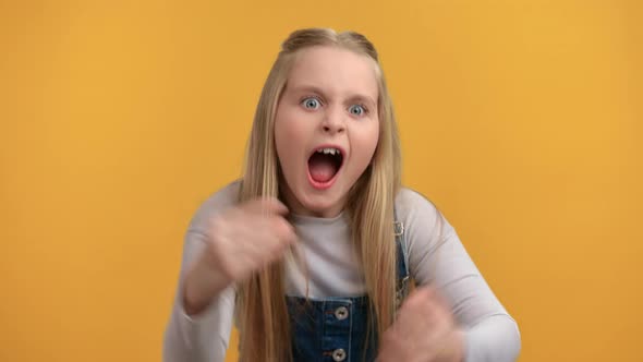 Closeup Portrait Annoyed Female Kid Scolding Explaining No Not Gesturing Posing Isolated on Orange alt