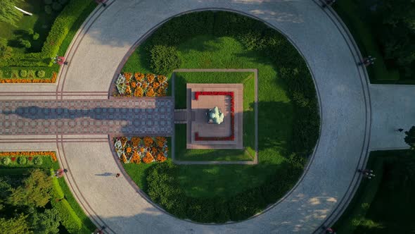 Aerial Top View Monument Writer Taras Shevchenko in Park on Sunny Summer Day alt