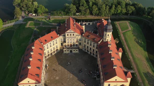 Flying Over the Nesvizh Castle, the Park Around the Castle and the Lake, Aerial Video of Nesvizh alt