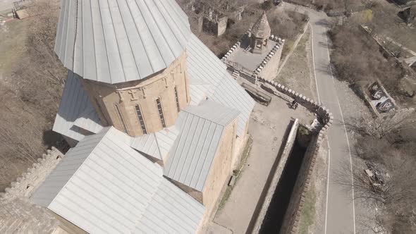 Aerial view of old Ananuri Fortress with two churches and picturesque view on river. Georgia 2021 alt