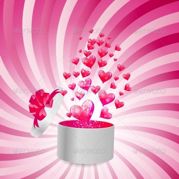 Valentines Day Card with Gift Box and Hearts - Valentines Seasons/Holidays