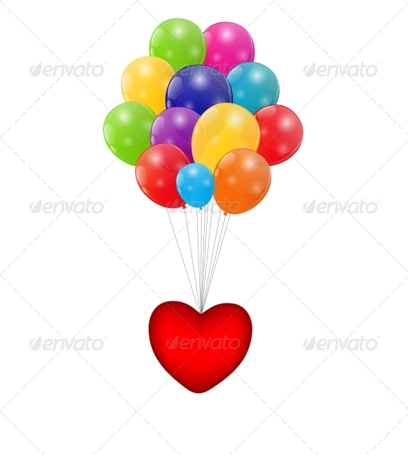 Color Glossy Balloons with Heart Background - Birthdays Seasons/Holidays