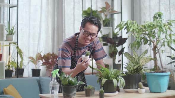 Smiling Asian Man Looking At Cactus Plant In Hand And Shaking His Head alt