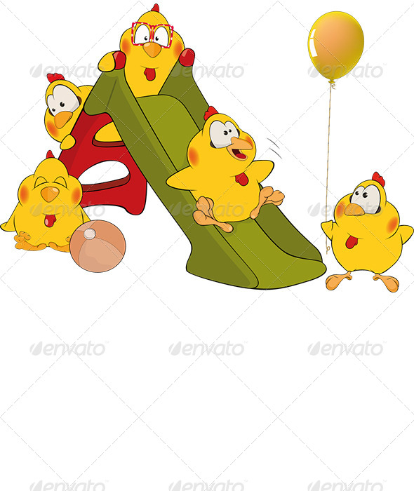 Chickens and a Swing Cartoon - Animals Characters