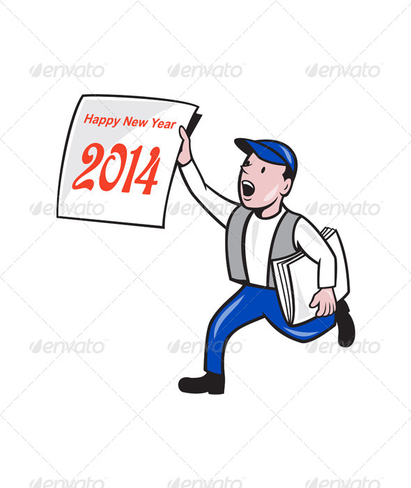 New Year 2014 Newspaper Boy Showing Sign Cartoon - People Characters