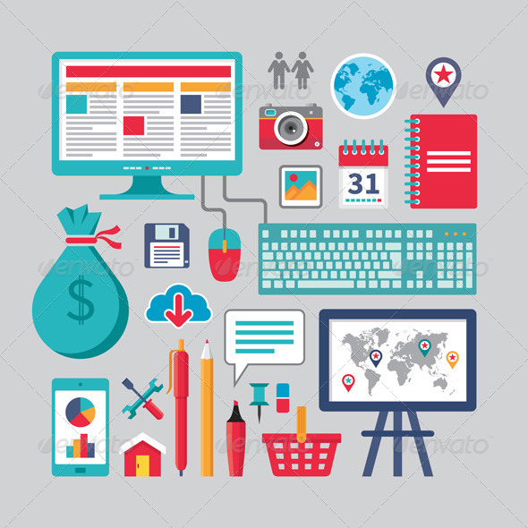Business Vector Icons in Flat Design Style - Computers Technology