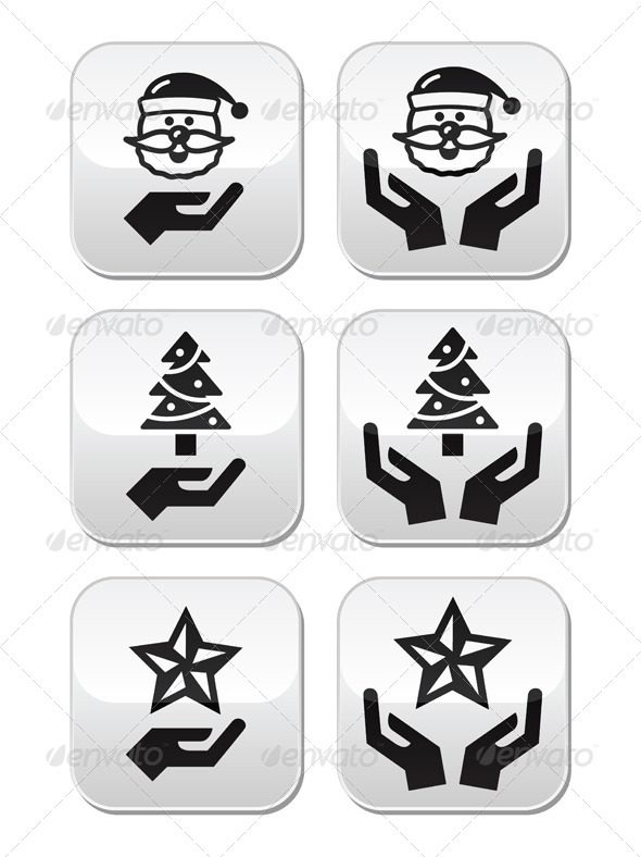 Hands with Christmas Buttons - Santa Claus, Tree - Christmas Seasons/Holidays