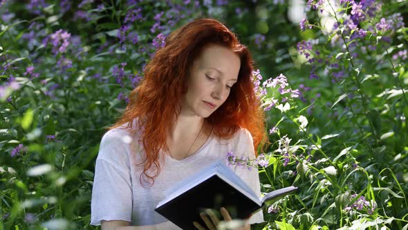 Young Red-Haired Woman Reads a Book Among Flowers in a City Park