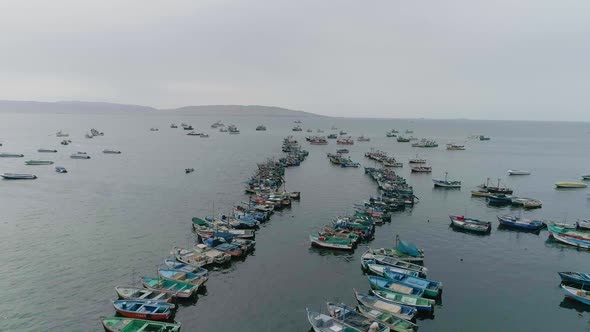 Drone Aerial Footage of Many Old Fishermen Boats Huge Number Fishing Boats Port