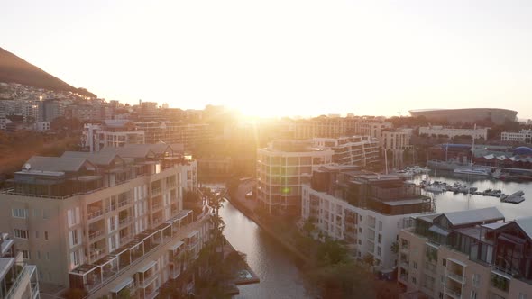 Aerial shot at sunset flying over the marina island