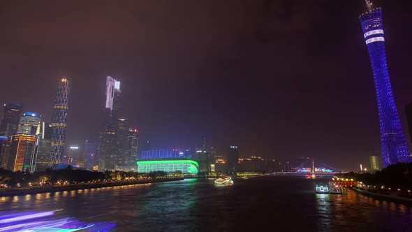 Guangzhou Motorboats on Night Pearl River in China Timelapse alt