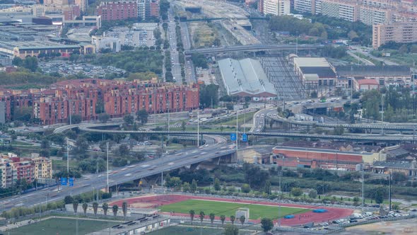 Barcelona and Badalona Skyline with Roofs of Houses and Sea on the Horizon at Evening Timelapse alt