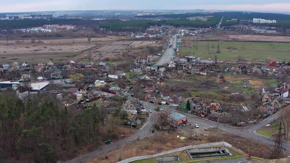 Top view of the road. Aerial view of the destroyed and burnt houses.
