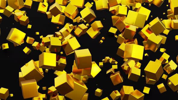 Gold Cubes Fly Up and Rotate on Black Background
