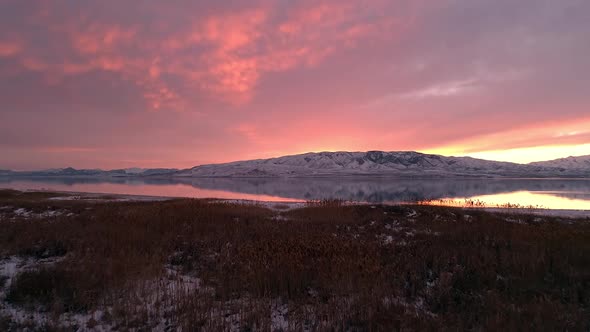 Flying over reeds on shoreline of Utah Lake at sunset alt