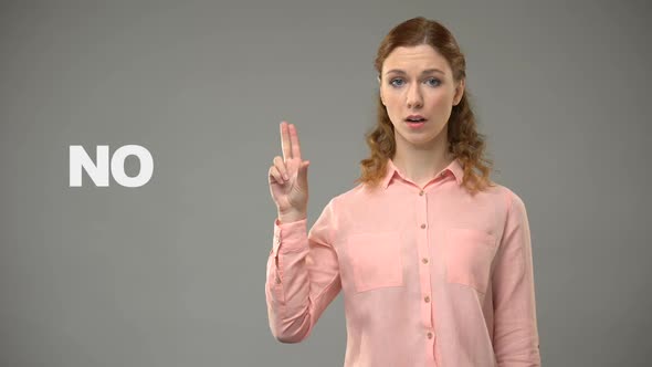Lady Saying No in Sign Language, Text on Background, Communication for Deaf alt