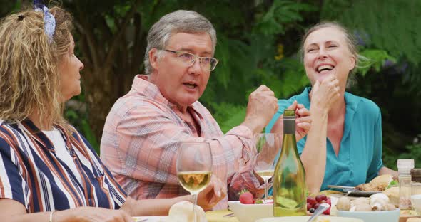 Animation of happy caucasian senior female and male friends talking at lunch in garden alt
