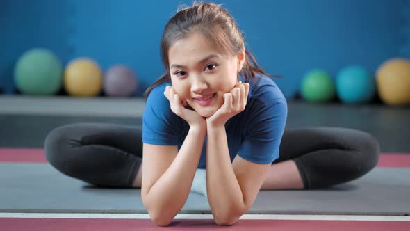 Attractive Asian Female Showing Perfect Stretching Bending Legs Having Good Time Ay Gymnastic Class alt
