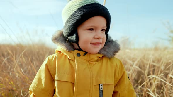 Cute Portrait of Little Toddler Baby Boy in Autumn Landscape - Park or Orange Field. Lovely Son alt