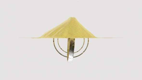 3D animation loop of yellow fabric falling on rotating rings of various sizes against white alt