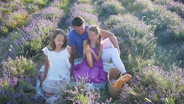Family in Lavender Flowers Field on the Sunset