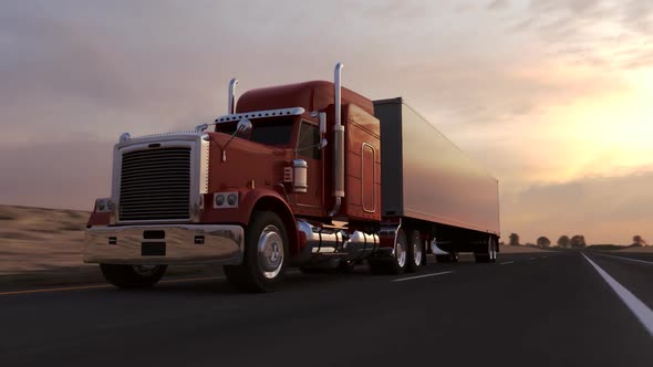 Huge semi-trailer cargo truck riding on the highway. Front view animation. HD alt