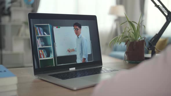 Teen Girl Student Distance Learning With Online Teacher On Computer Screen alt