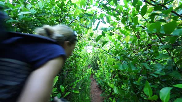 Woman Hiking Through Dense Bush