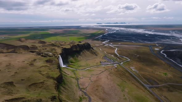 Aerial View of the Seljalandsfoss  Located in the South Region in Iceland alt