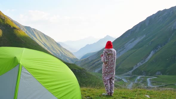 Girl In Nature Enjoy Camping With Coffee