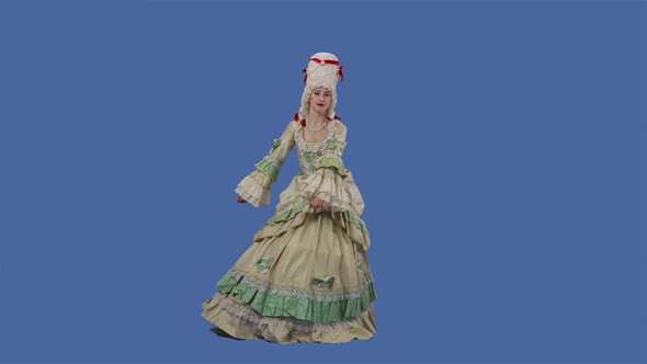 Portrait of Courtier Lady in White Long Vintage Lace Dress and Wig is Dancing Merrily alt