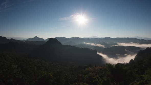 Aerial view Time Lapse, Beautiful landscape sunbeam with fog at morning,