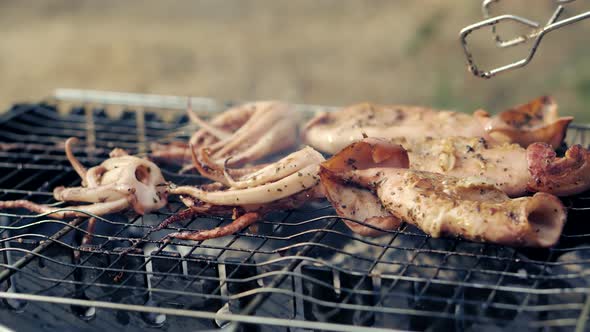 Fresh Octopus Fried Grill. Fried Grill Seafood Cuisine. Delicious Poulpe Grilled Roast Sea Food. alt