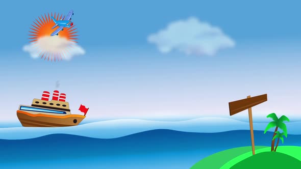 Holidays animation, ship,dolphine and sun